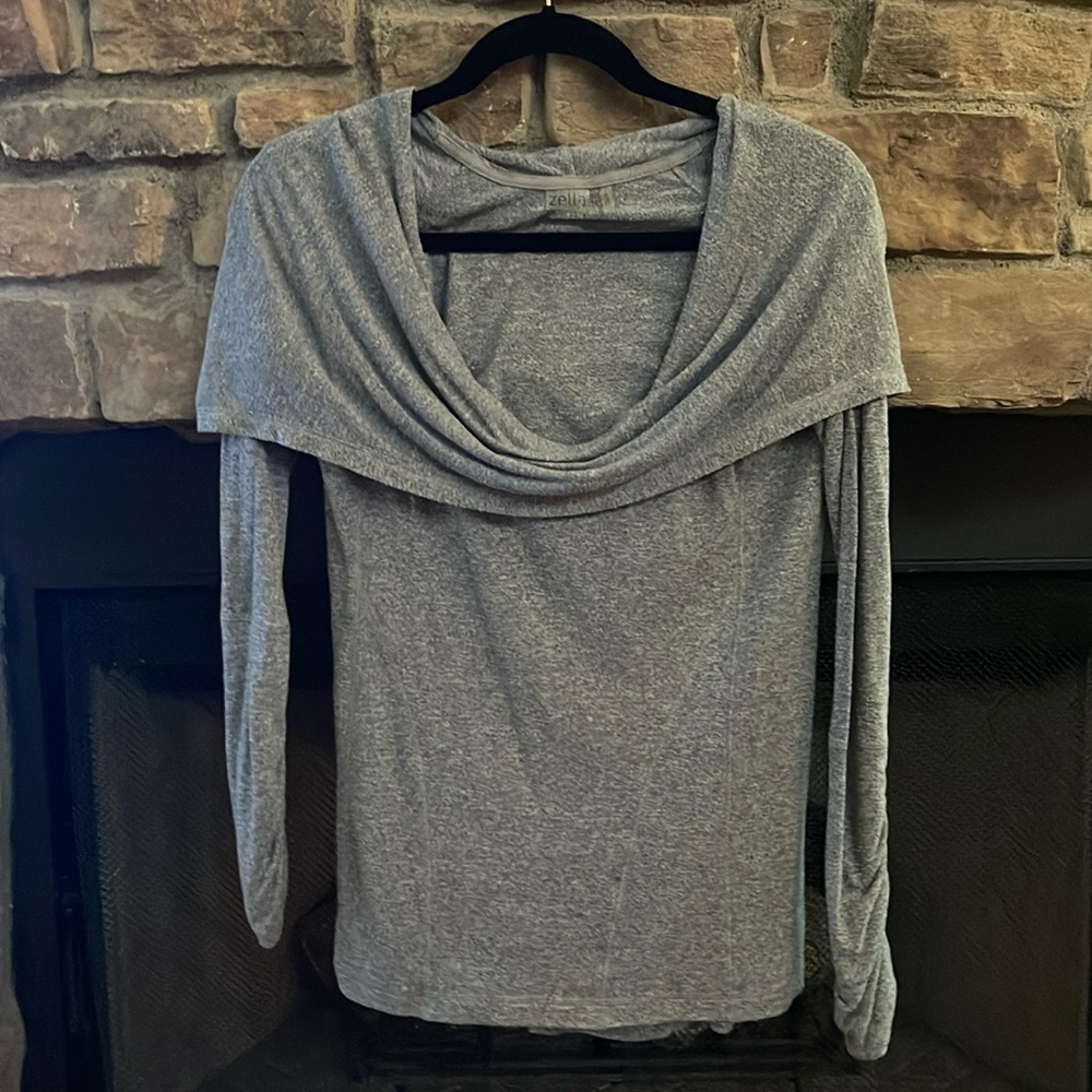 Zella gray, off the shoulder top with ruching in the back. Size Medium